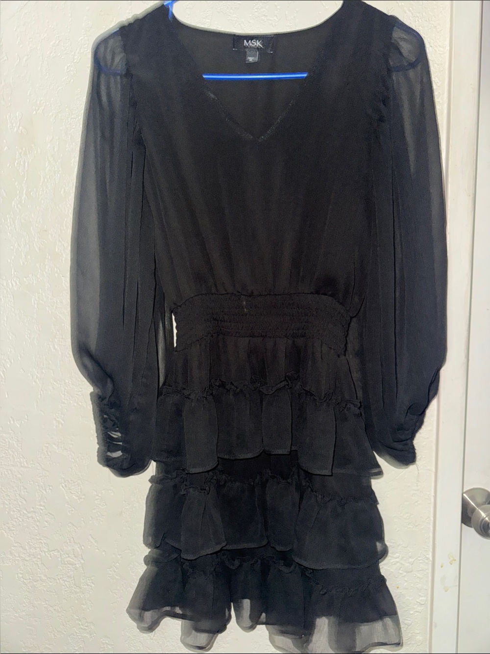 MSK Black Long Sleeve Tiered Ruffle V-Neck Dress